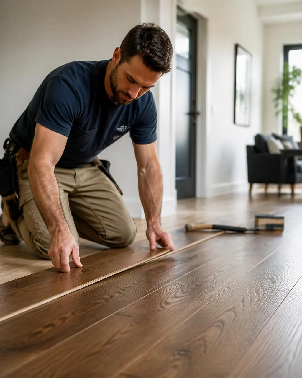 Craftsman carefully installing quality luxury vinyl plank flooring